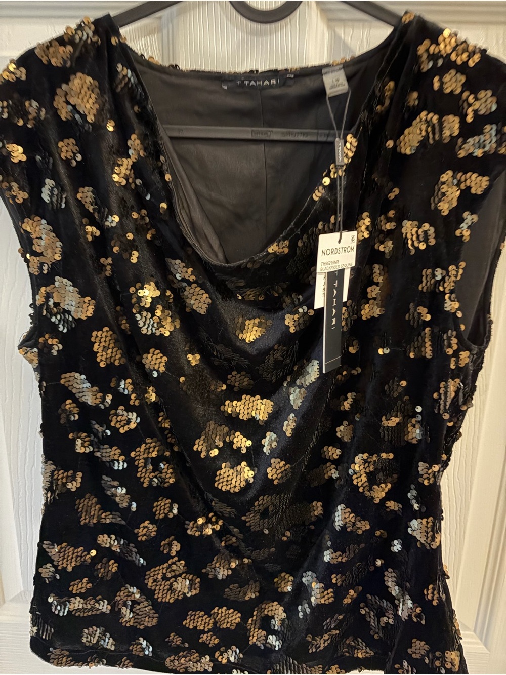 Tahari Black Velvet Cowl Neck Sleeveless Top with Gold Sequins